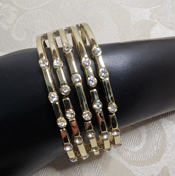 VINTAGE 80S GOLD TONE RHINESTONE HINGED CUFF BRACELET STATEMENT ARCHITECTURAL - Picture 11 of 12